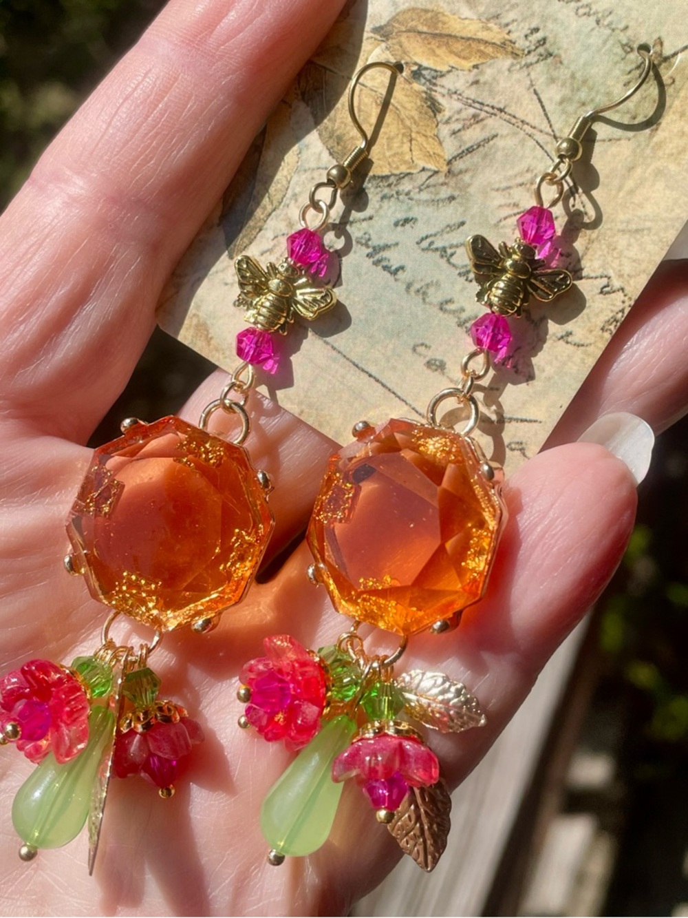 Gold Bee Drop Earrings with Orange Crystal and Pink-Green Accents - Picture 9 of 11
